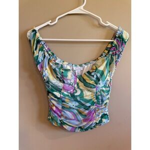 Rue 21 Womens Mesh Ruched Corset Top Floral Print Green Purple Yellow Size S